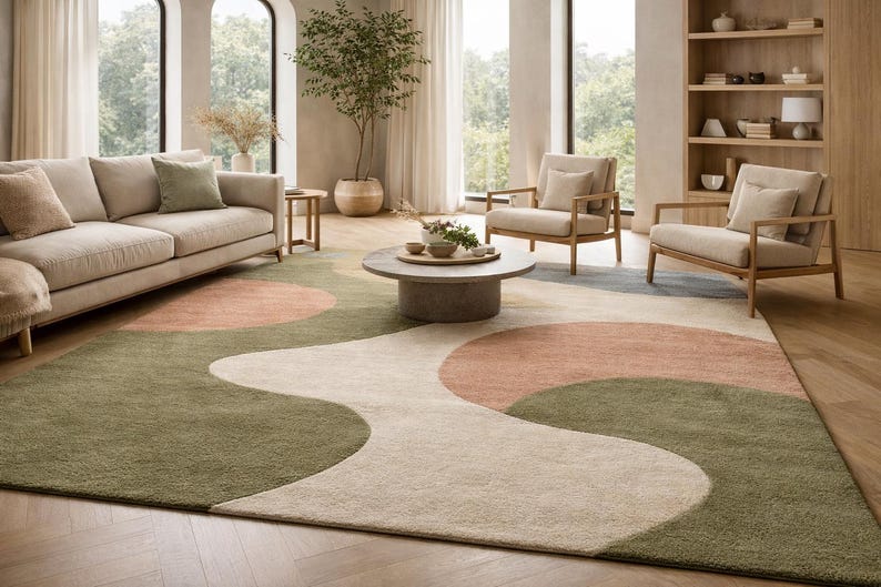 K&ouml;nnte beinhalten: Ein Wohnzimmer mit beigem Sofa, zwei Sesseln und einem runden Couchtisch. Der Boden ist mit einem gro&szlig;en Teppich mit wellenf&ouml;rmigem Design in Gr&uuml;n-, Pfirsich- und Beiget&ouml;nen bedeckt. Der Raum hat gro&szlig;e Fenster und ein B&uuml;cherregal aus Holz.