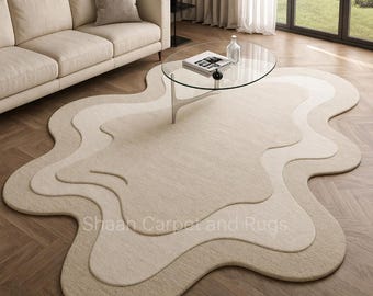Tappeto astratto in lana – Moderno, minimalista, beige, ondulato, scultoreo, dalla forma irregolare