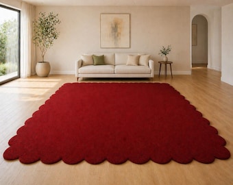 Hand Tufted Wool Scalloped Rug – Red Area Carpet Living Room | 8x10 9x12