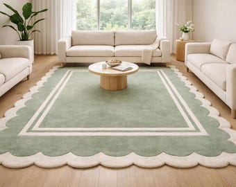 Hand Tufted Wool Scalloped Rug – Sage Green Modern Carpet for Living Room | 8x10