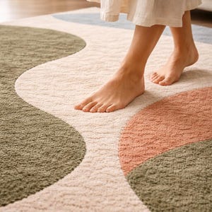 K&ouml;nnte beinhalten: Ein weicher, strukturierter Teppich mit wellenf&ouml;rmigem Design. Der Teppich hat Abschnitte in Olivgr&uuml;n, Pfirsich und Creme. Der Teppich besteht aus einem weichen Material und eignet sich f&uuml;r ein Wohn- oder Schlafzimmer.
