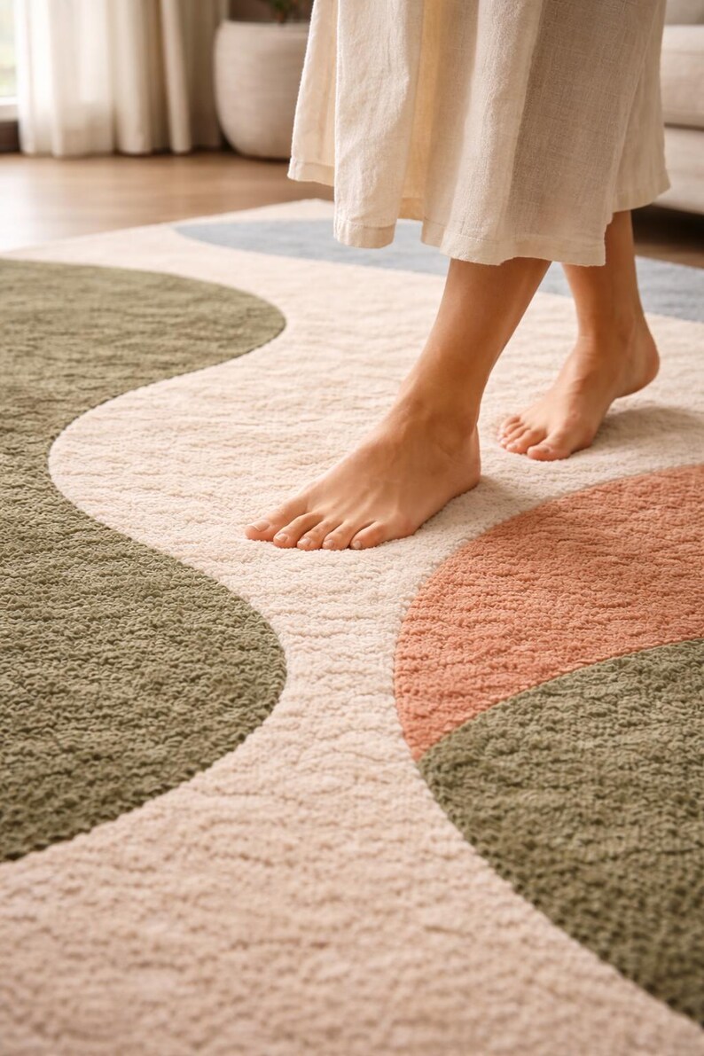 K&ouml;nnte beinhalten: Ein weicher, strukturierter Teppich mit wellenf&ouml;rmigem Design. Der Teppich hat Abschnitte in Olivgr&uuml;n, Pfirsich und Creme. Der Teppich besteht aus einem weichen Material und eignet sich f&uuml;r ein Wohn- oder Schlafzimmer.