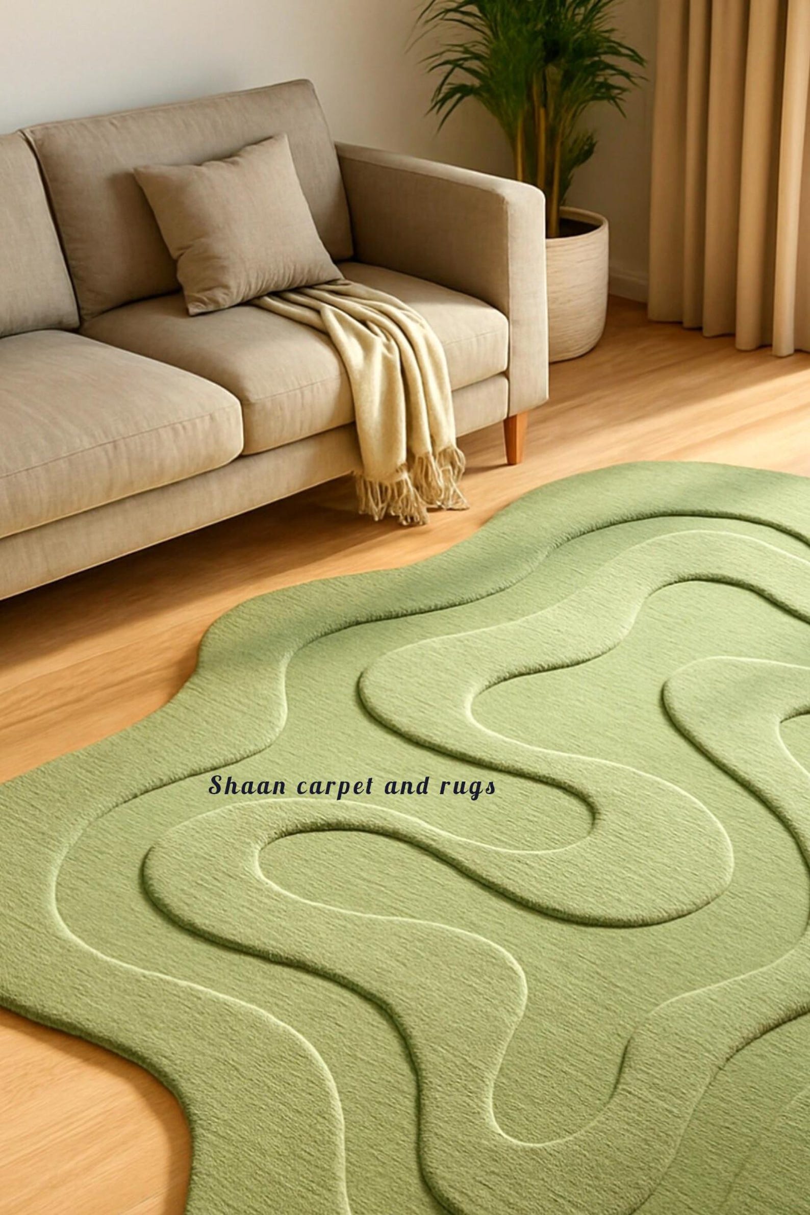 Hand Tufted Wool Rug – Sculpted Sage Green Organic 3D Modern Japandi ...