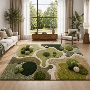 May include: A green and beige area rug with a unique, organic design. The rug features various shades of green and beige, with raised, textured elements resembling moss or foliage. The rug is placed in a living room setting with a sofa, chair, and large window.