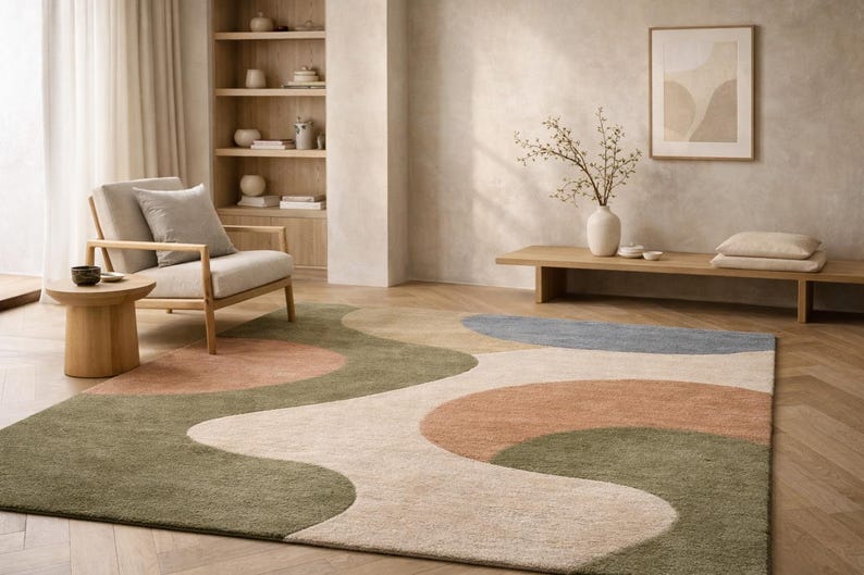 K&ouml;nnte beinhalten: Ein modernes Wohnzimmer mit einem gro&szlig;en Teppich mit abstraktem Design. Der Teppich hat ein wellenf&ouml;rmiges Muster in Gr&uuml;n-, Pfirsich-, Beige- und Blaut&ouml;nen. Der Raum umfasst auch einen Holzstuhl, einen Beistelltisch und ein Holzregal mit Dekorationsartikeln.