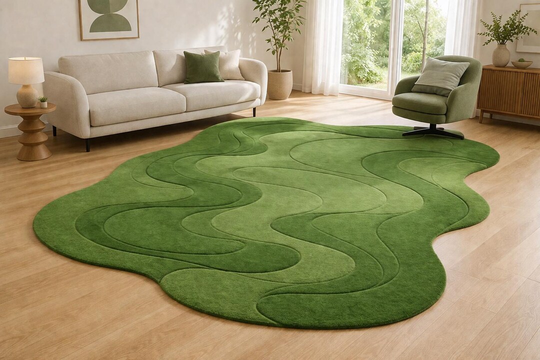 Hand Tufted Wool Organic Shape Rug – Green Abstract Carpet for Living ...