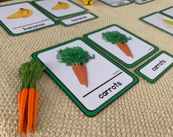 Montessori 3 Part Cards & Fruits and Vegetables Object Matching - Montessori Objects; Montessori Fruits and Vegetables, Three Part Cards
