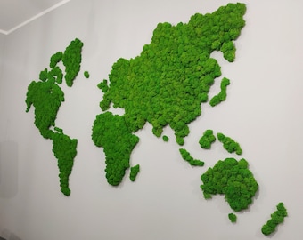 World map with moss, World map with Reindeermoss on a self-adhesive cork, natural decoration for wall, moss world map, vertical garden