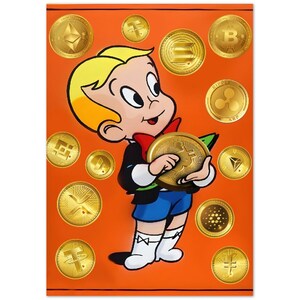 May include: A cartoon illustration of a boy wearing a tuxedo and holding a gold coin with a Bitcoin symbol. The background is orange and features various cryptocurrency symbols, including Ethereum, Ripple, Litecoin, and Tether.