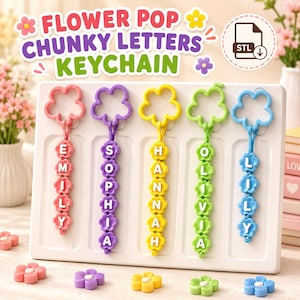 May include: Five colorful keychains featuring flower-shaped rings and vertical strands of flower-shaped beads with white letters spelling the names EMILY, SOPHIA, HANNAH, OLIVIA, and LILY. The text FLOWER POP CHUNKY LETTERS KEYCHAIN is displayed above.