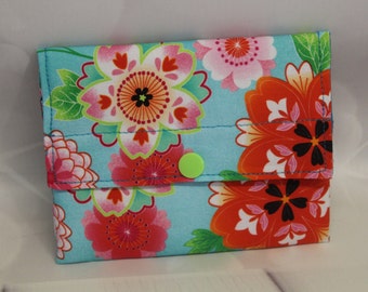 Purse - Turquoise floral design - zipper pocket for cash and 2 pockets for cards and notes (P02)