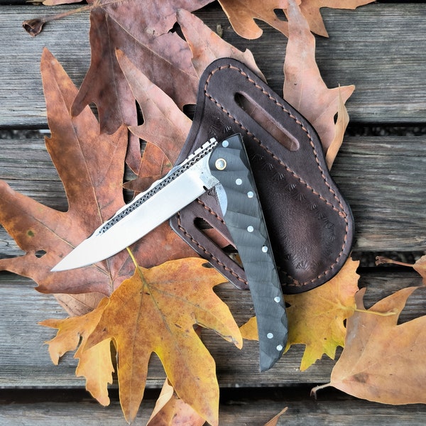 Inlay Pocket knife black laminate wood handle with liner lock and brown leather sheath, handmade N690 stainless steel folding knife