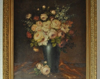 Tableau peinture huile ancienne 1909 nature morte bouquet de fleur rose Felix Perrier