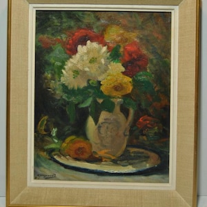 Tableau du peintre Georges Longueville (1896-1989) peinture huile sur panneau de carton nature morte au bouquet de fleur pot ou vase fleuri
