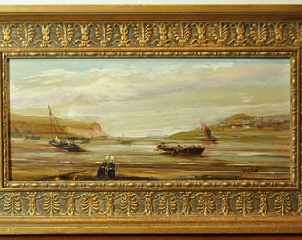 Tableau peinture à l'huile paysage breton bord de mer océan bretonne coiffe cote Bretagne voilier bateau de pèche pecheur signé Guirec