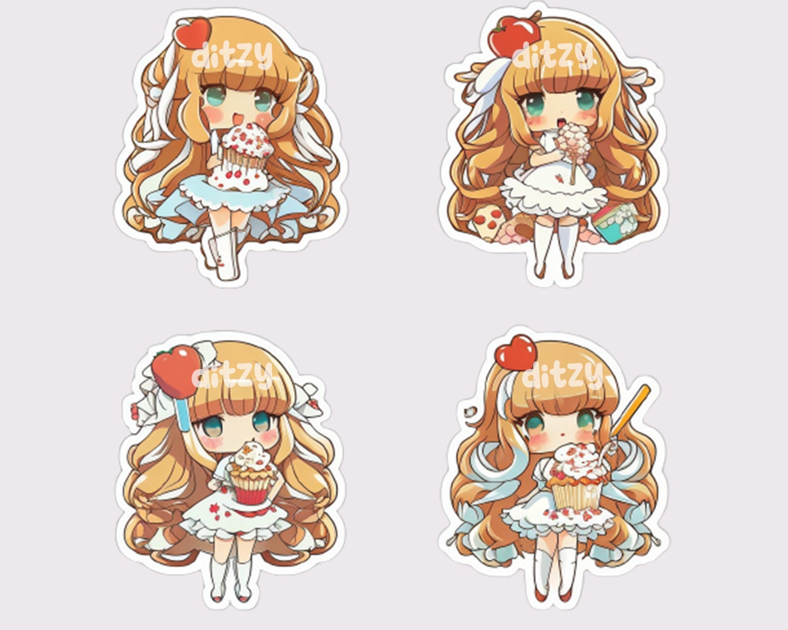 Cute Kawaii Deserts Chibi Anime Girl Digital Stickers Sheet PNG