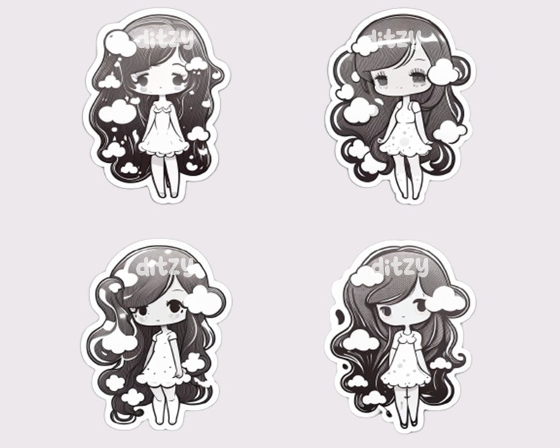Cute Kawaii Greyscale Gloomy Chibi Anime Girl Digital Stickers Sheet ...