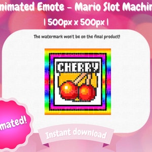 Peut inclure: Émoticône animée en pixel art d'une machine à sous avec un symbole de cerise. La machine à sous est entourée d'une bordure arc-en-ciel. Le texte "CHERRY" est affiché au-dessus des cerises. Le texte "Animé !" est dans un cercle rose en bas à gauche de l'image. Le texte "Téléchargement instantané" est dans une bannière blanche en bas au centre de l'image.