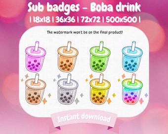 8 Twitch Sub Badges - Boba drink | Twitch | Discord | Streaming | Cute | Bit badges
