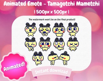 May include: Animated pixel art emotes of a yellow Tamagotchi Mametchi character with different expressions. The emotes are set against a pink background with the text "Animated!" and "Instant download".