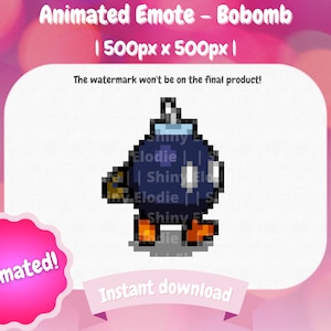 Puede incluir: Emote animado de pixel art de un bobomb azul y negro con una mecha blanca y piernas naranjas. El emote tiene 500 píxeles por 500 píxeles.