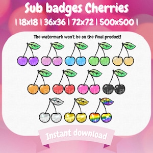 12 Twitch Sub Badges - Cute Colored Cherry pack