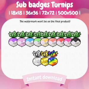 12 Twitch Sub Badges - Cute Colored Turnips pack