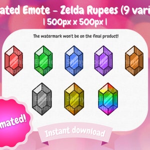 Könnte beinhalten: Neun animierte Versionen einer Zelda-Rupie, ein grünes Juwel mit goldener Umrandung, in verschiedenen Farben: Rot, Grün, Blau, Lila, Braun, Grau, Gold, Regenbogen und eine klare Version mit Regenbogenreflexion. Der Text "Animiert!" befindet sich in einem rosa Kreis und "Sofort-Download" in einem weißen Banner.