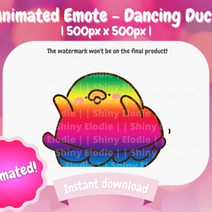 Könnte beinhalten: Animiertes Emoji eines tanzenden Regenbogen-Entchens. Das Entchen trägt ein Regenbogen-Tutu und hat einen fröhlichen Ausdruck. Der Text "Animiert!" befindet sich in einem rosa Kreis unten links. Der Text "Sofort herunterladen" befindet sich in einem weißen Banner unten rechts.