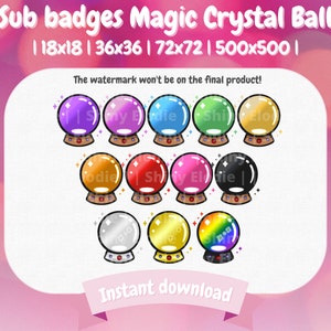 Puede incluir: Un conjunto de 12 insignias de subtítulos de bola de cristal de colores en varios tamaños, incluyendo 18x18, 36x36, 72x72 y 500x500 píxeles. Las insignias presentan una bola de cristal de estilo de dibujos animados con un efecto brillante y una base.
