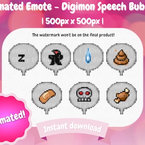 Pode incluir: Emotes animados de balões de fala Digimon. A imagem apresenta ícones pixelizados, incluindo um 'Z' a dormir, uma figura preta, uma garrafa de água, uma pilha de cocó, um pedaço de pão, uma caveira e um pedaço de carne. O texto diz "Animado!" e "Download instantâneo."