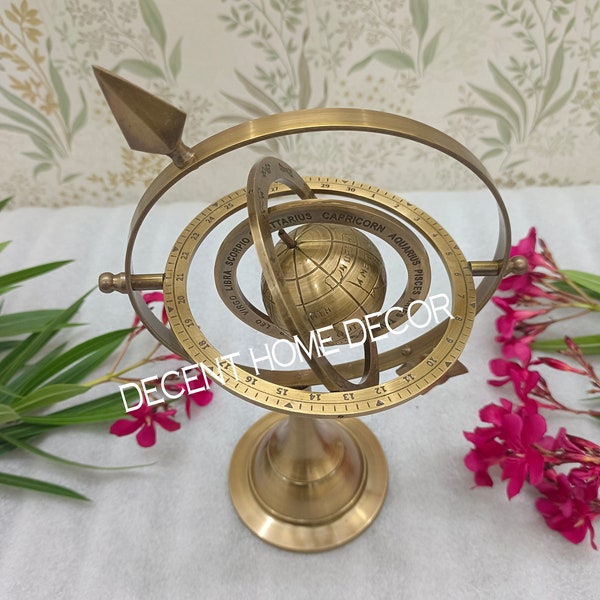 Brass Armillary Sphere with Sundial Arrow | Nautical Maritime Astrolabe Engraved Astrological Star Signs Globe Christmas Gift