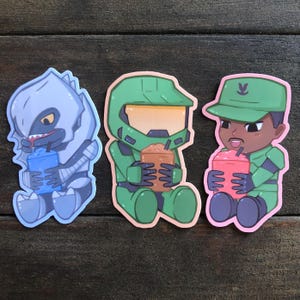 Master Chief und Freunde Slushie Aufkleber Halo Masterchief Slurpee Meme Halo Arbiter Aufkleber Sergeant Johnson Halo Arbiter Meme Master Chief
