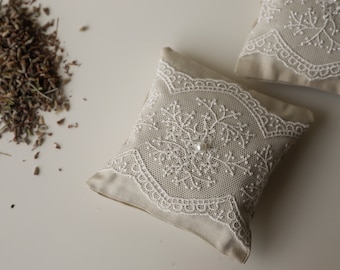 Lace embroidered lavender sac, lavender throw pillow, Soothing dry lavender sachets