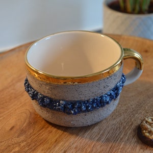 Handmade Ceramic Mug in Stone Effect with Blue and Gold Details (250 ml)