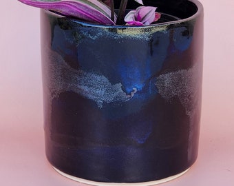 Handmade Ceramic Cover Pot for indoor plants - Black and Blue Galaxy Glaze