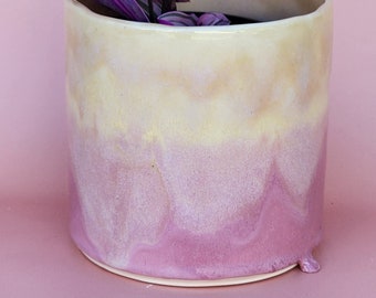Handmade Ceramic Cover Pot for indoor plants - Yellow & Pink Glaze