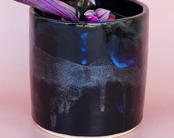 Handmade Ceramic Cover Pot for indoor plants - Black and Blue Galaxy Glaze