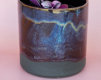 Handmade Ceramic Cover Pot for indoor plants - Brown Stone Glaze