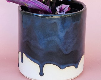 Handmade Ceramic Cover Pot for indoor plants - Variegated Blue Glaze