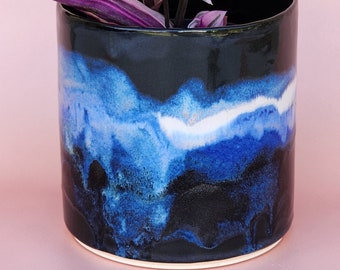 Handmade Ceramic Cover Pot for indoor plants - Black and Blue Neptune Glaze