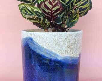 Handmade Ceramic Cover Pot for indoor plants - Speckled Sapphire Glaze