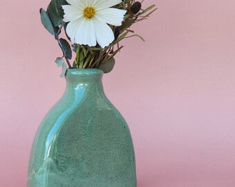 Handmade Ceramic Bottle Vase for flowers or propagations - Green Stone Glazed