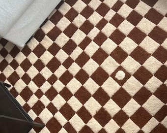 Handmade Brown Checkered Wool Rug, Modern Checkerboard Area Rug, Boho Living Room Carpet, Soft Wool Runner Rug, Minimalist Home Decor