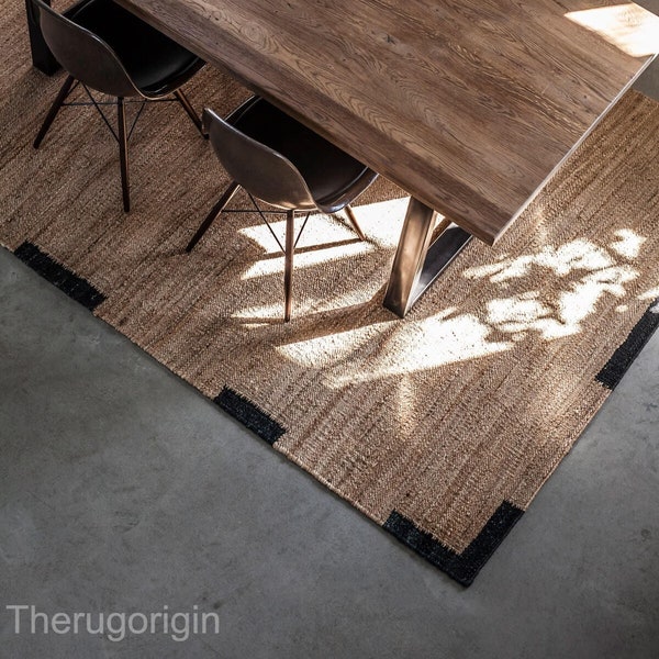 Dywan z juty tkany ręcznie z czarną obwódką, dywan z włókien naturalnych, nowoczesny dywan do jadalni, trwała mata podłogowa z juty w stylu boho, neutralny wystrój domu