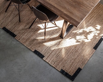 Tappeto in juta intrecciato a mano con bordo nero, tappeto in fibra naturale, tappeto moderno per sala da pranzo, tappetino in juta boho sostenibile, arredamento per la casa neutro