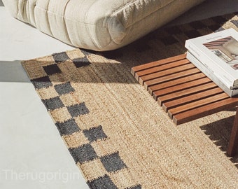 Checkered Jute Area Rug – Natural Handmade Geometric Rug, Hemp Dhurrie Runner, Custom Size Rug, Boho Home Décor