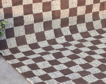 Checkerboard Brown Home Decor Rug - Checkered Wool Jute Kilim Area Dhurrie, Runner, Checker Dhurrie