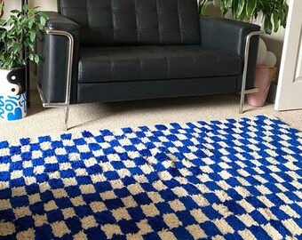 Handmade Moroccan area rug, Blue & Off White Moroccan runner, checker rug, Berber Checkerboard Rug, beniourain rug