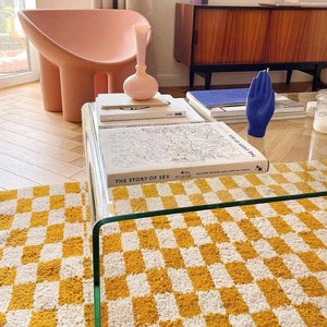 Yellow Checkered Rug, Moroccan Grid Rug, Custom Area Rug, Runner Rug, Home Decor Rug, Bohemian Wool Rug